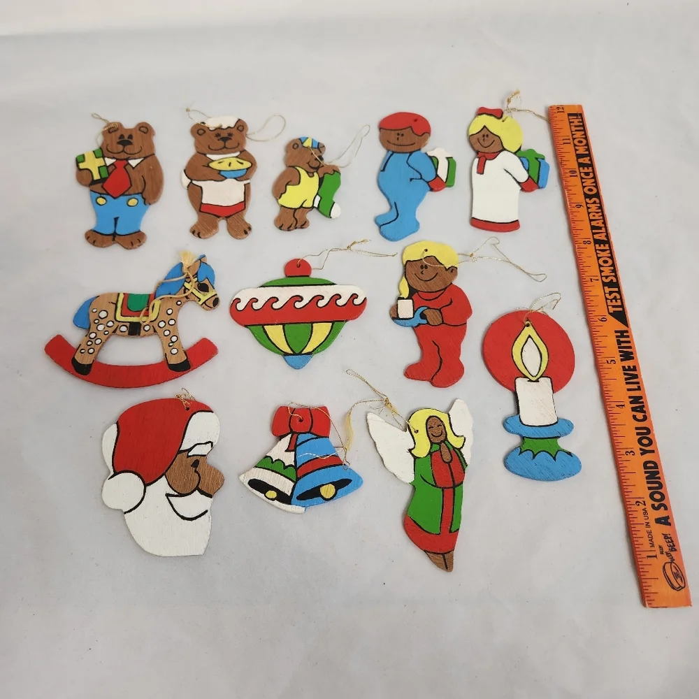 12 Flat Wooden Christmas Ornaments Vtg Bears Kids